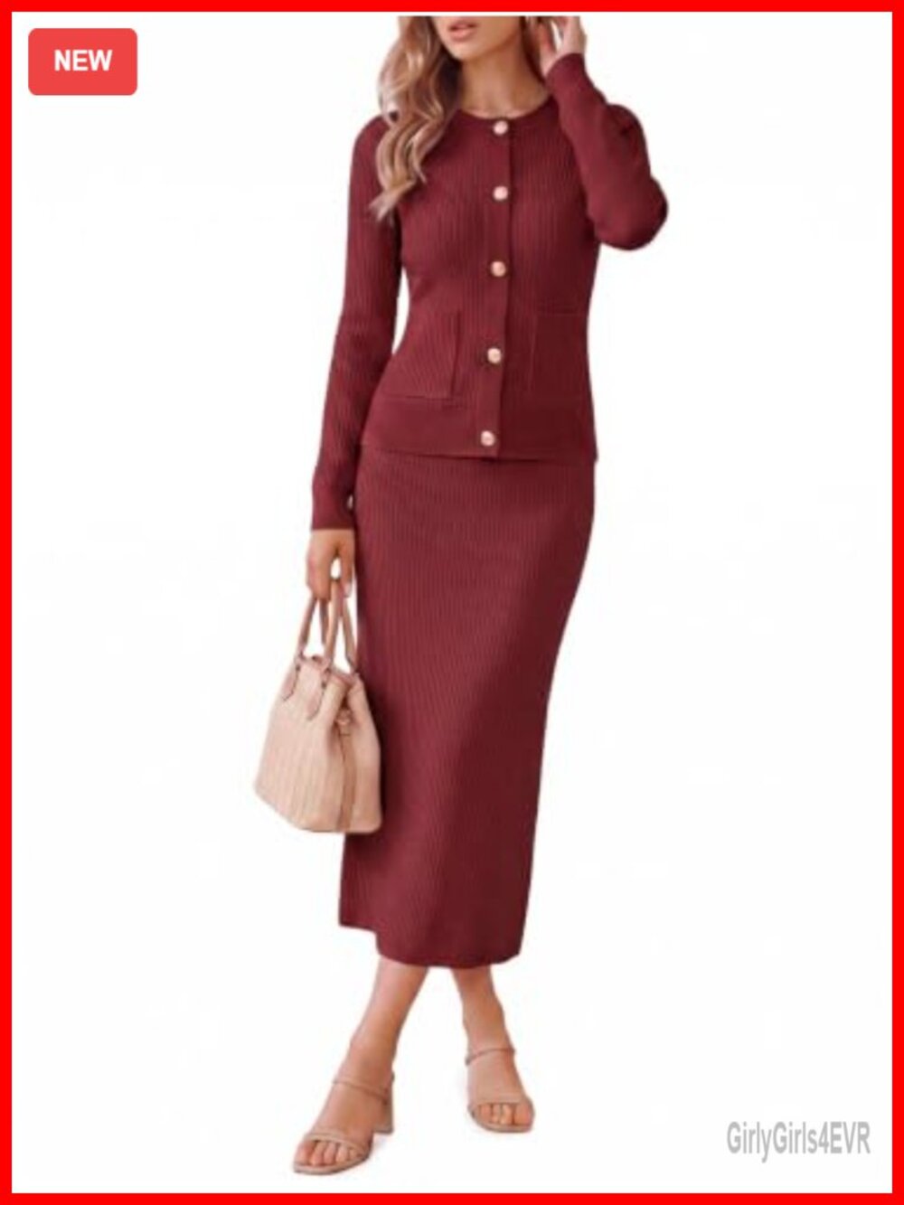 Ribbed Knit Two Piece Sweater Set Button Down Cardigan Maxi Skirt